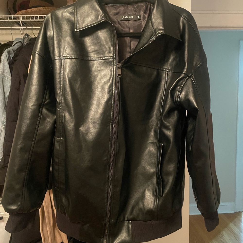 Mens Black Faux Leather Zip-Front Jacket by Autonet